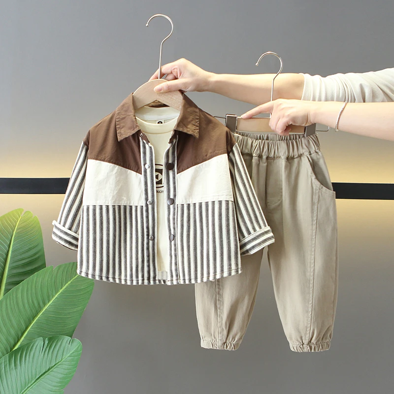 男童男宝套装2024秋季酷帅小童韩版衬衣外套三件套宝宝春秋时髦装
