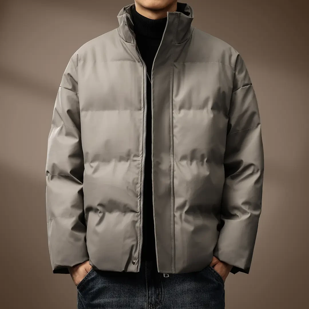 高端美式复古休闲PU皮棉衣外套男冬季垂感保暖防风纯色短款面包服