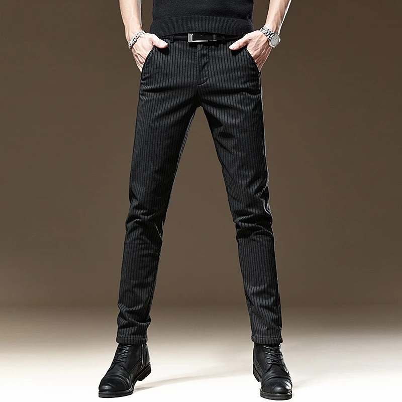 秋季高端潮牌条纹休闲裤男时尚修身小脚黑色西裤韩版弹力商务长裤
