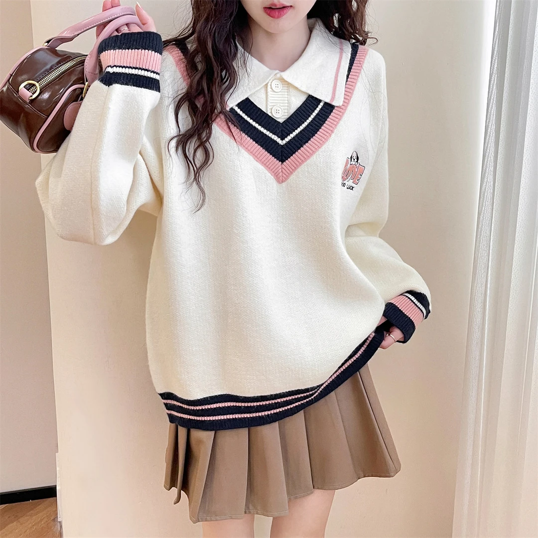 DB18 秋冬女V领假两件套头毛衣学院风减龄百搭韩版 E4H0870
