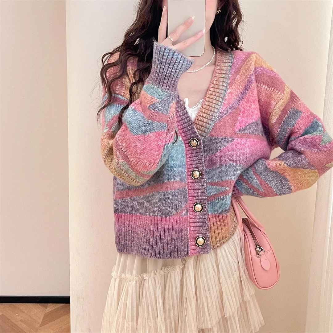 2024女V领渐变纱拼块开衫 E4H1579