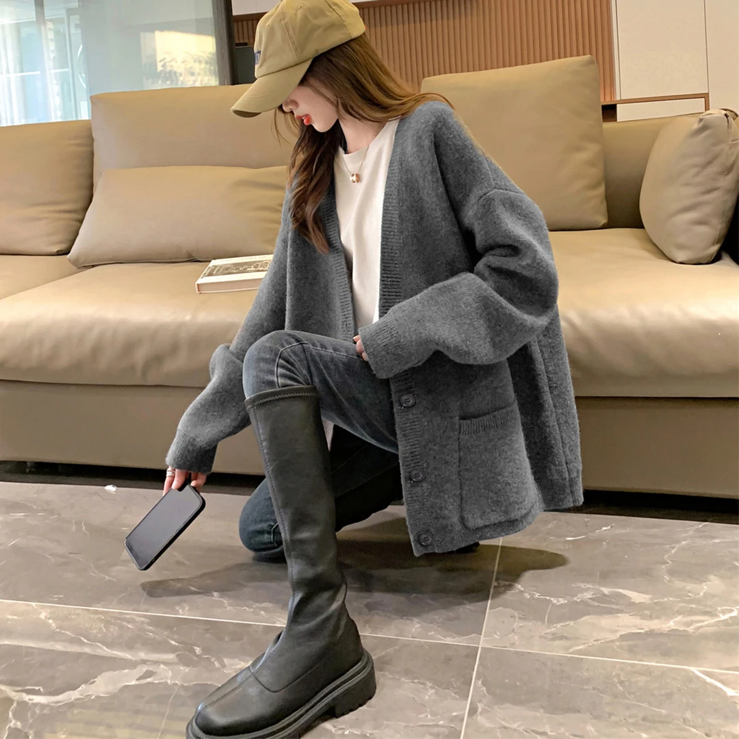 5M183 DB1早春新款女高级V领宽松净色开衫外套慵懒风简约