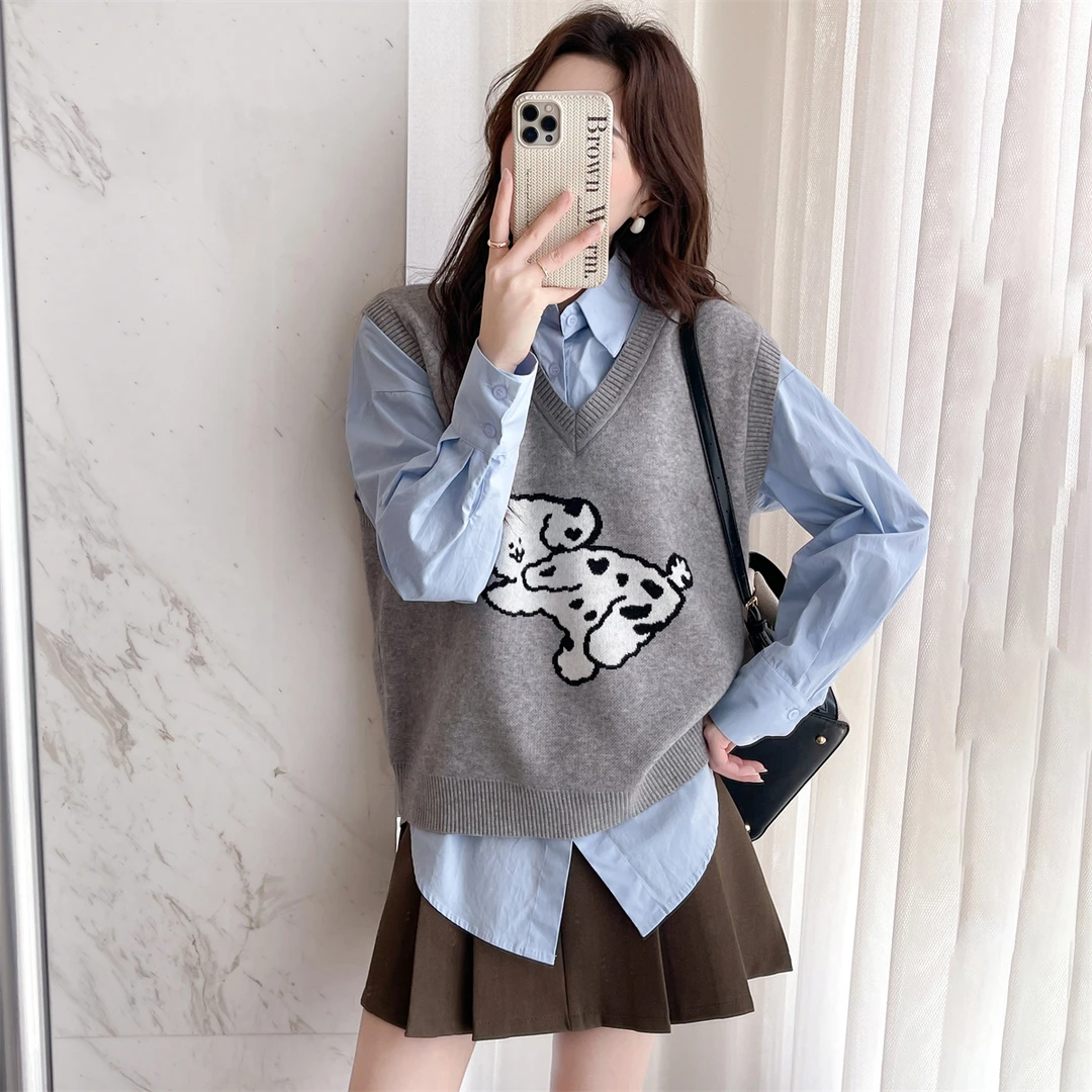 趣味动物图案V领套头马甲 YD-E4H0042