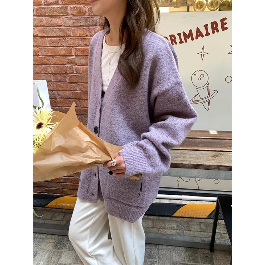 秋冬女V领纯色宽松开衫外套简约风温柔韩版休闲百搭潮流 E4G1457