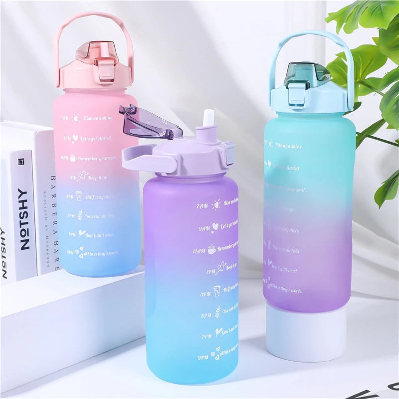 2000ml大容量运动水壶跨境提手水杯塑料水杯磨砂渐变色直饮吸管杯