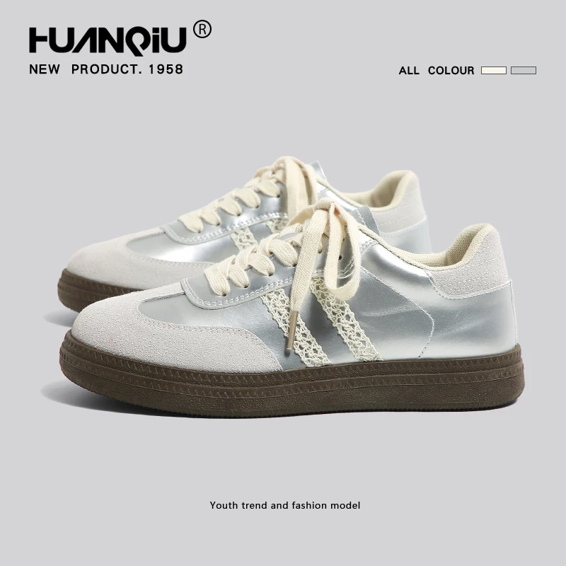 环球厚底德训鞋女2024新款平底运动低帮鞋休闲百塔软底银色女板鞋