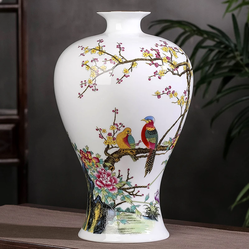 景德镇陶瓷器手工仿古粉彩喜上眉梢插花摆件新中式客厅玄关装饰品