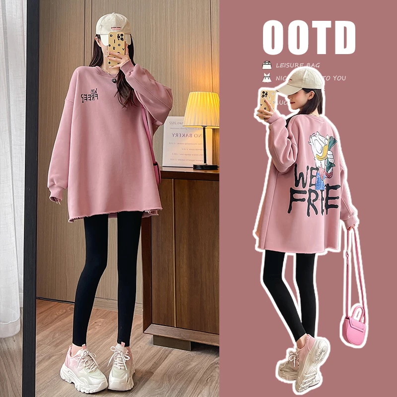 孕妇上衣春秋季新款T恤卡通印花减龄中长款孕妇卫衣宽松打底衫女