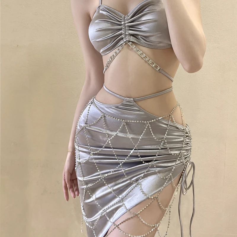 YQM【银河】2024新款亮闪闪泳衣女式辣妹性感小胸比基尼三件套沙滩