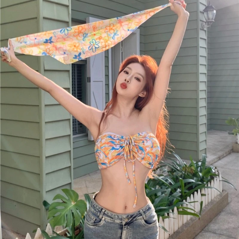 YQM【欧美】Ins网红泳衣女抹胸性感分体复古辣妹比基尼温泉泳装温泉