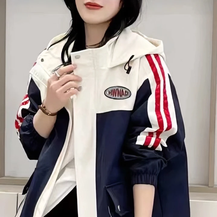 网红款外套女2023春秋新款韩版宽松拼色冲锋衣休闲运动夹克秋款
