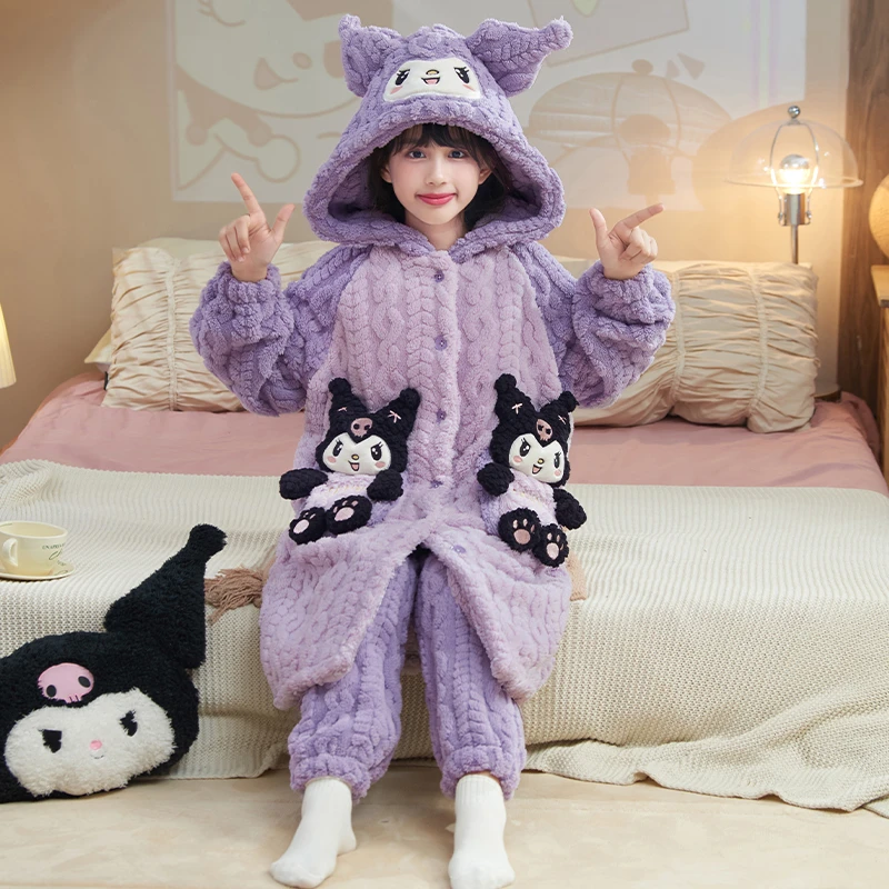bejirog/北极绒加厚款珊瑚绒女童中大童秋冬季卡通可爱睡袍家居服