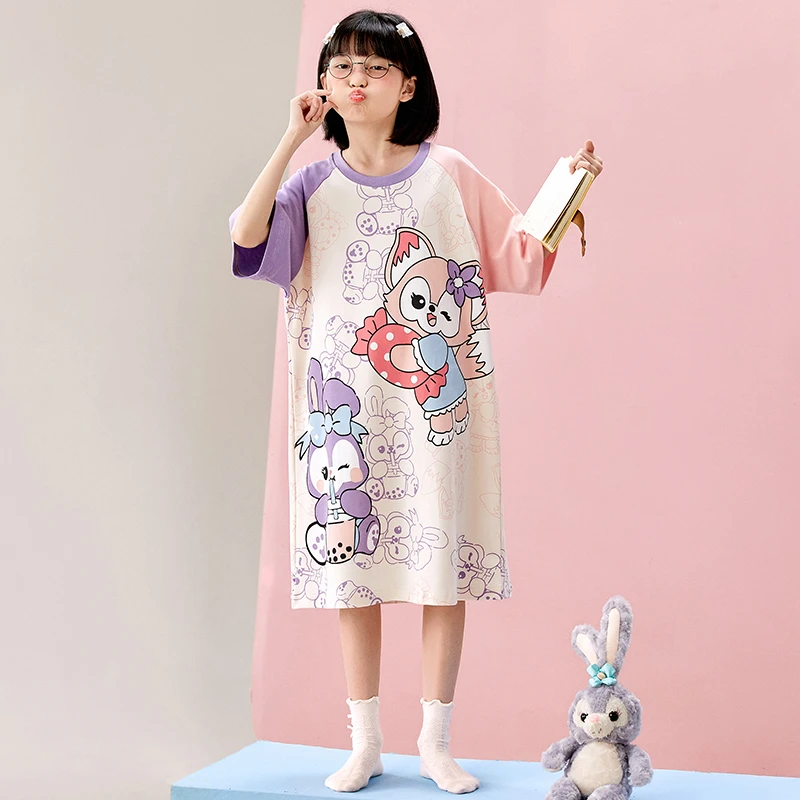 bejirog/北极绒薄款短袖可外穿女童纯棉圆领时尚洋气儿童居家睡裙