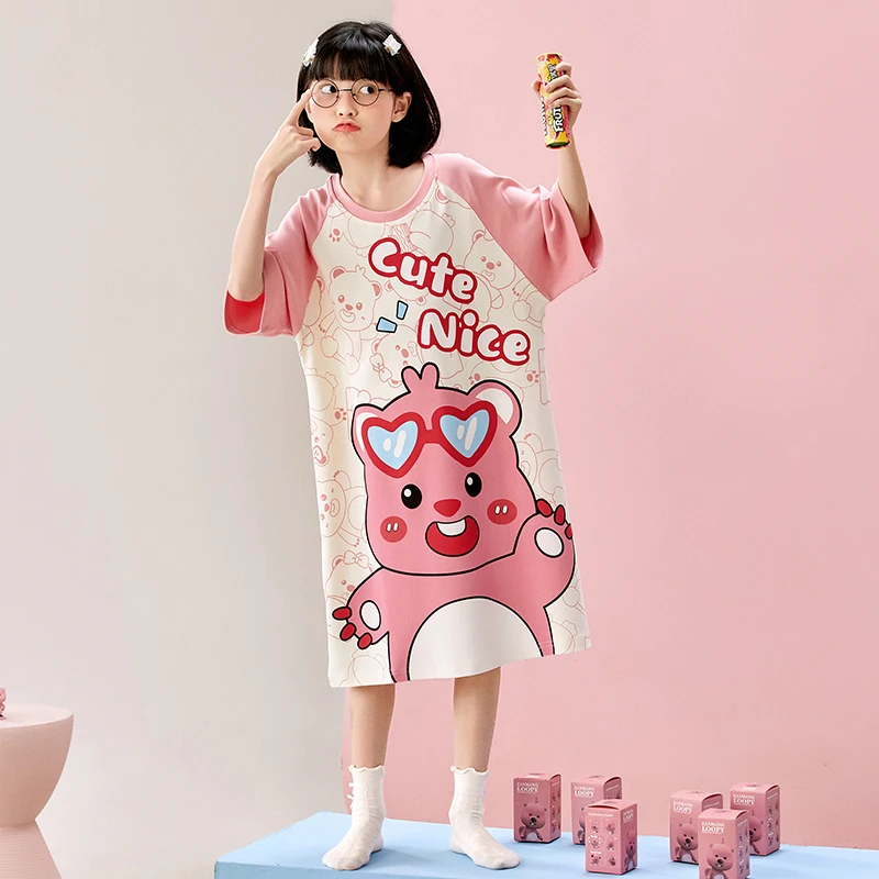 bejirog/北极绒中大童短袖纯棉睡裙夏季圆领套头女童可爱连体裙子