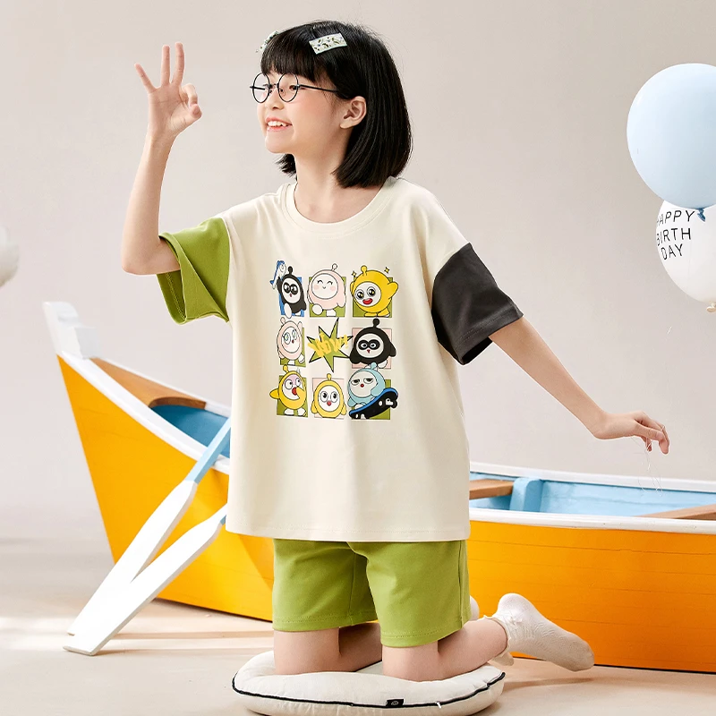 bejirog/北极绒夏天2025新款女童中学生纯棉圆领可外穿睡衣两件套