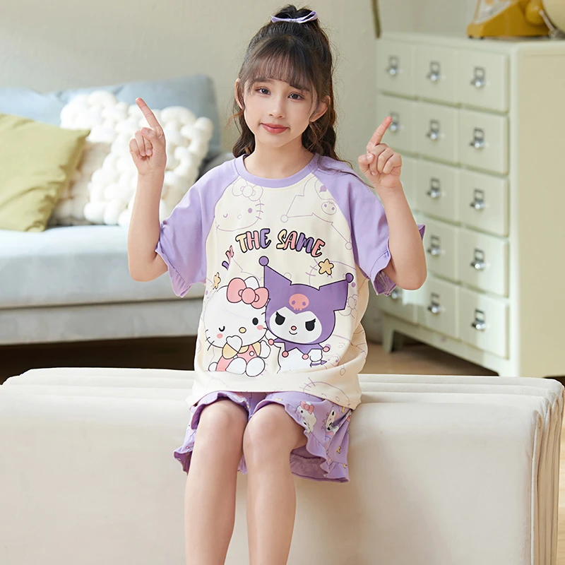 bejirog/北极绒洋气公主风女童短袖纯棉睡衣中小童全棉家居服套装