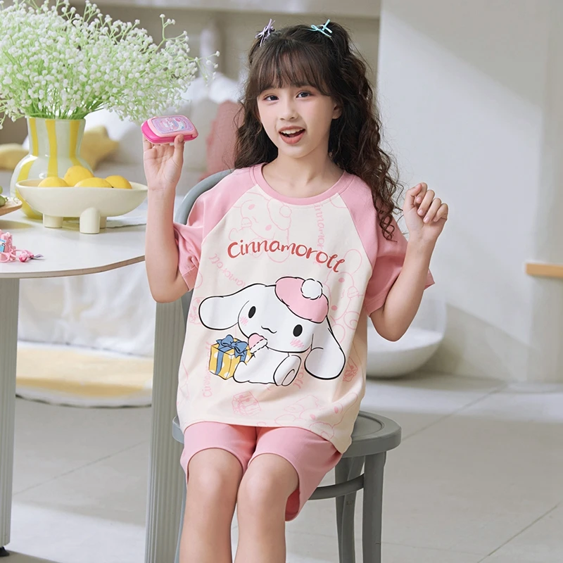 bejirog/北极绒纯棉短袖圆领小女孩家居服中大童公主风睡衣两件套
