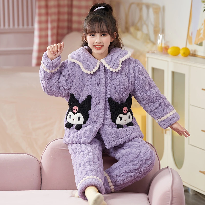 bejirog/北极绒女童时尚珊瑚绒翻领睡衣三层夹棉保暖家居服套装
