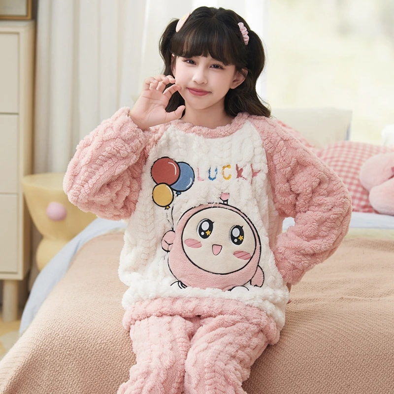 bejirog/北极绒女童时尚简约款中大童秋冬季加厚珊瑚绒睡衣两件套