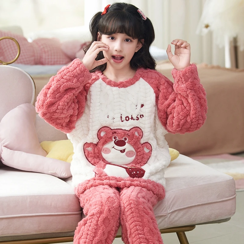 bejirog/北极绒女童甜美公主风秋冬季珊瑚绒睡衣中大童家居服套装