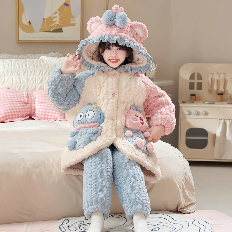 bejirog/北极绒洋气甜美风女童珊瑚绒三层夹棉冬季保暖睡袍两件套