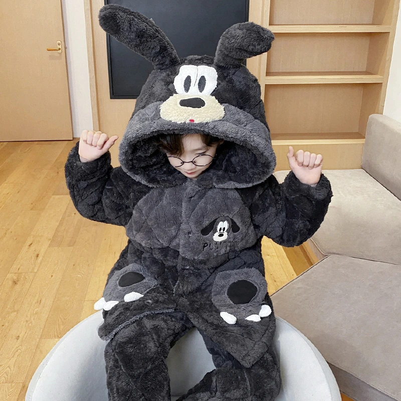 bejirog/北极绒珊瑚绒卡通连帽款三层夹棉男童外穿居家睡衣套装