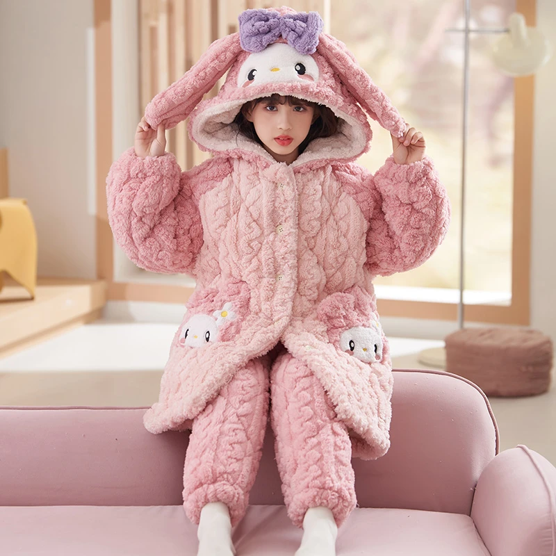 bejirog/北极绒小女孩冬季新品珊瑚绒三层夹棉休闲居家睡袍套装