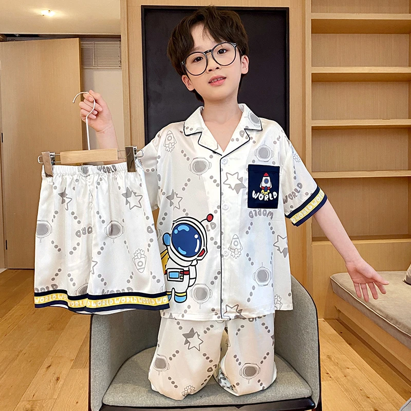 bejirog/北极绒夏天2025新款男童青少年冰雪丝舒适居家睡衣三件套