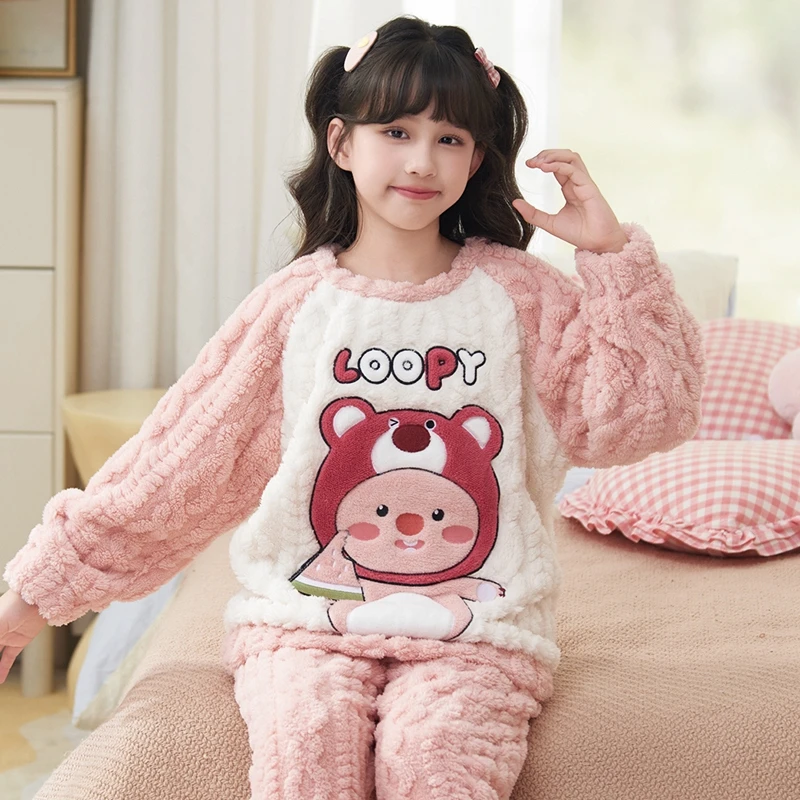 bejirog/北极绒女童加绒加厚珊瑚绒卡通公主风睡衣秋冬季居家套装