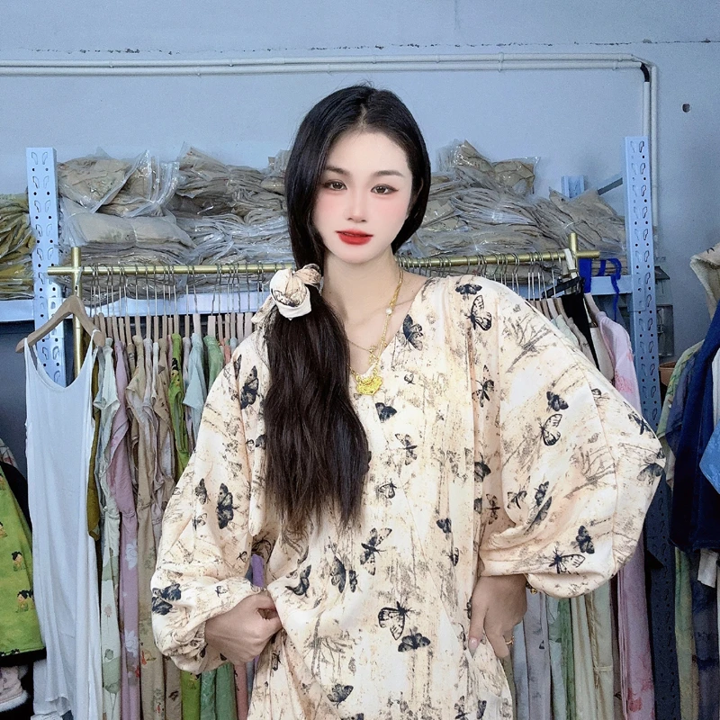 【长袖】新中式印花长袖连衣裙长裙泡泡袖加长中国风裙子女装