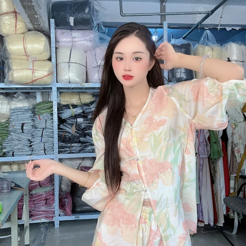 【衬衫和小衫】新中式盘扣衬衫短裤套装套头衫短裤套装轻薄透气