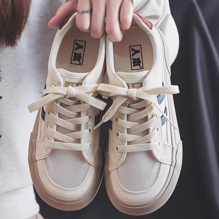 人本网面帆布鞋女2025春夏大码女鞋41一43厚底板鞋透气小白鞋网鞋