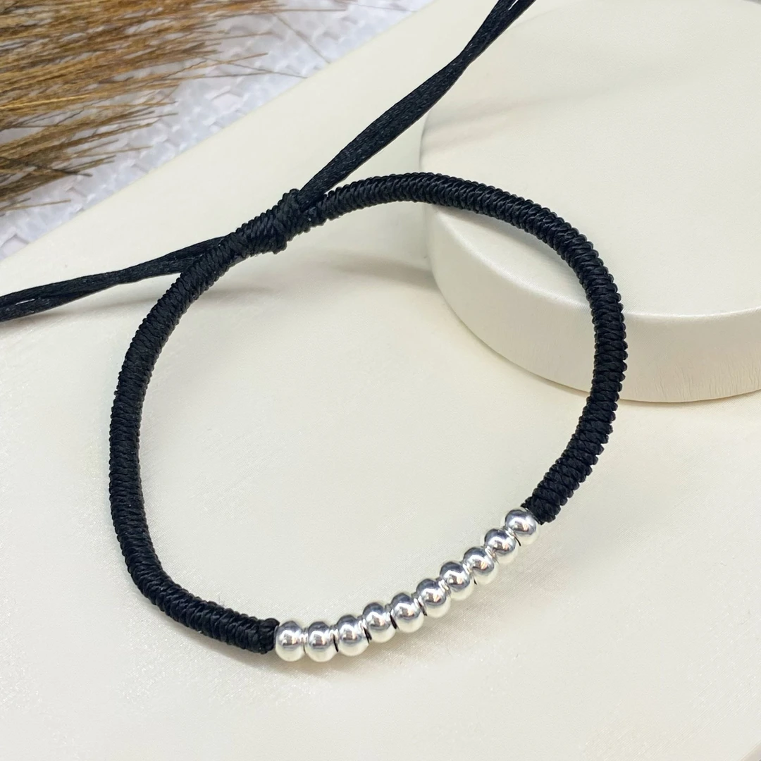 925银手链 925银黑绳编织圆珠十全十美手链手镯女士转运珠纯手工