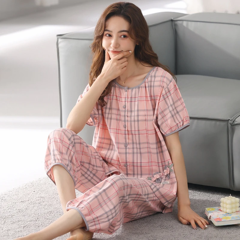 梭织纯棉纱布睡衣女士短袖七分裤开衫全棉大码家居服套装夏季薄款