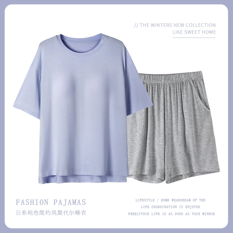 自带胸垫莫代尔棉睡衣女短袖短裤薄款夏季冰丝简约家居服两件套装