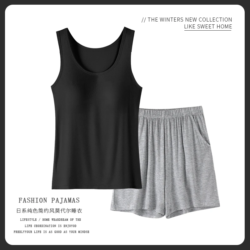 自带胸垫莫代尔棉睡衣女背心短裤薄款夏季冰丝简约家居服两件套装