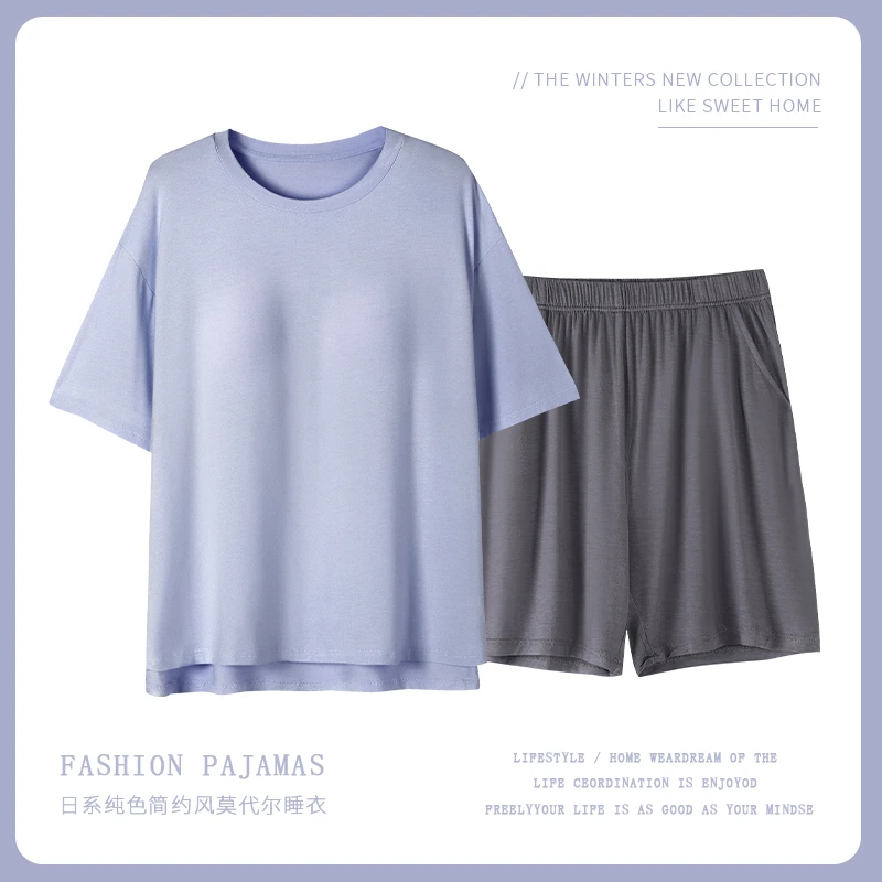 自带胸垫莫代尔棉睡衣女短袖短裤薄款夏季冰丝简约家居服两件套装