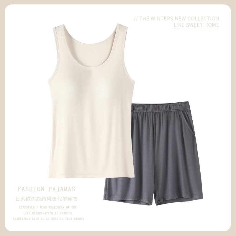 自带胸垫莫代尔棉睡衣女背心短裤薄款夏季冰丝简约家居服两件套装