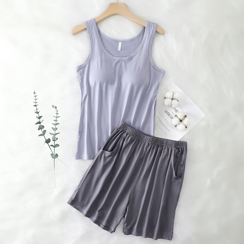自带胸垫莫代尔棉睡衣女背心短裤薄款夏季冰丝简约家居服两件套装