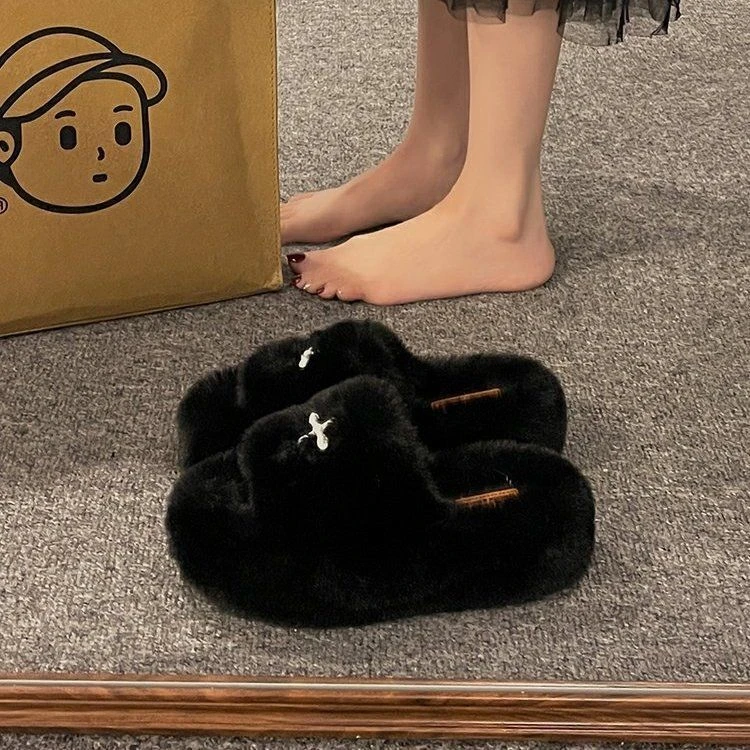 十字花毛毛拖鞋女外穿2024年秋冬新款厚底一字拖百搭网红棉拖