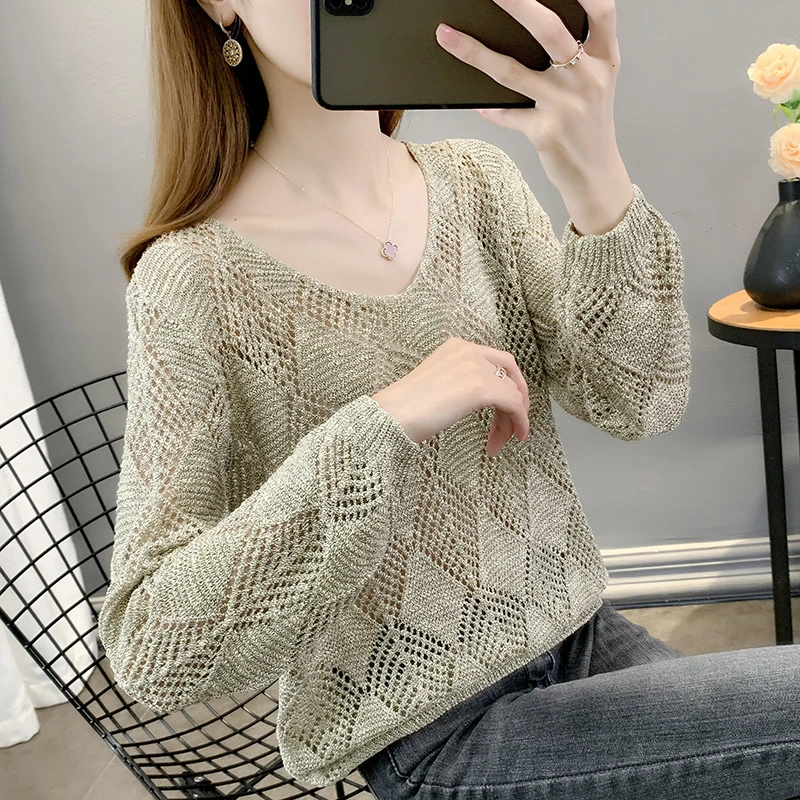 春秋装2023新款亮丝针织衫女薄款罩衫外套镂空外搭宽松长袖上衣潮