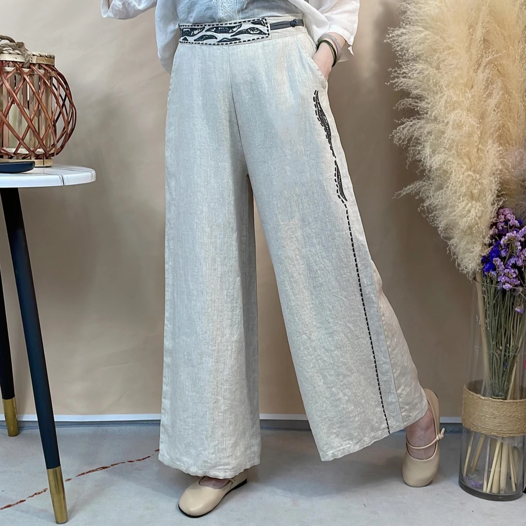9092新款亚麻裤复古刺绣阔腿裤女宽松直筒裤高腰百搭女裤薄款长裤