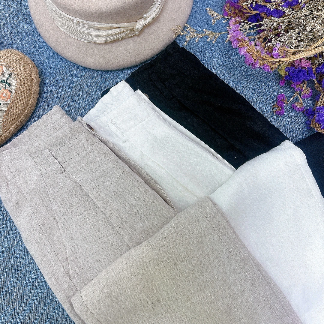 新款时尚高腰显瘦春夏亚麻宽松女夏季花苞腰薄款长裤休闲直筒裤