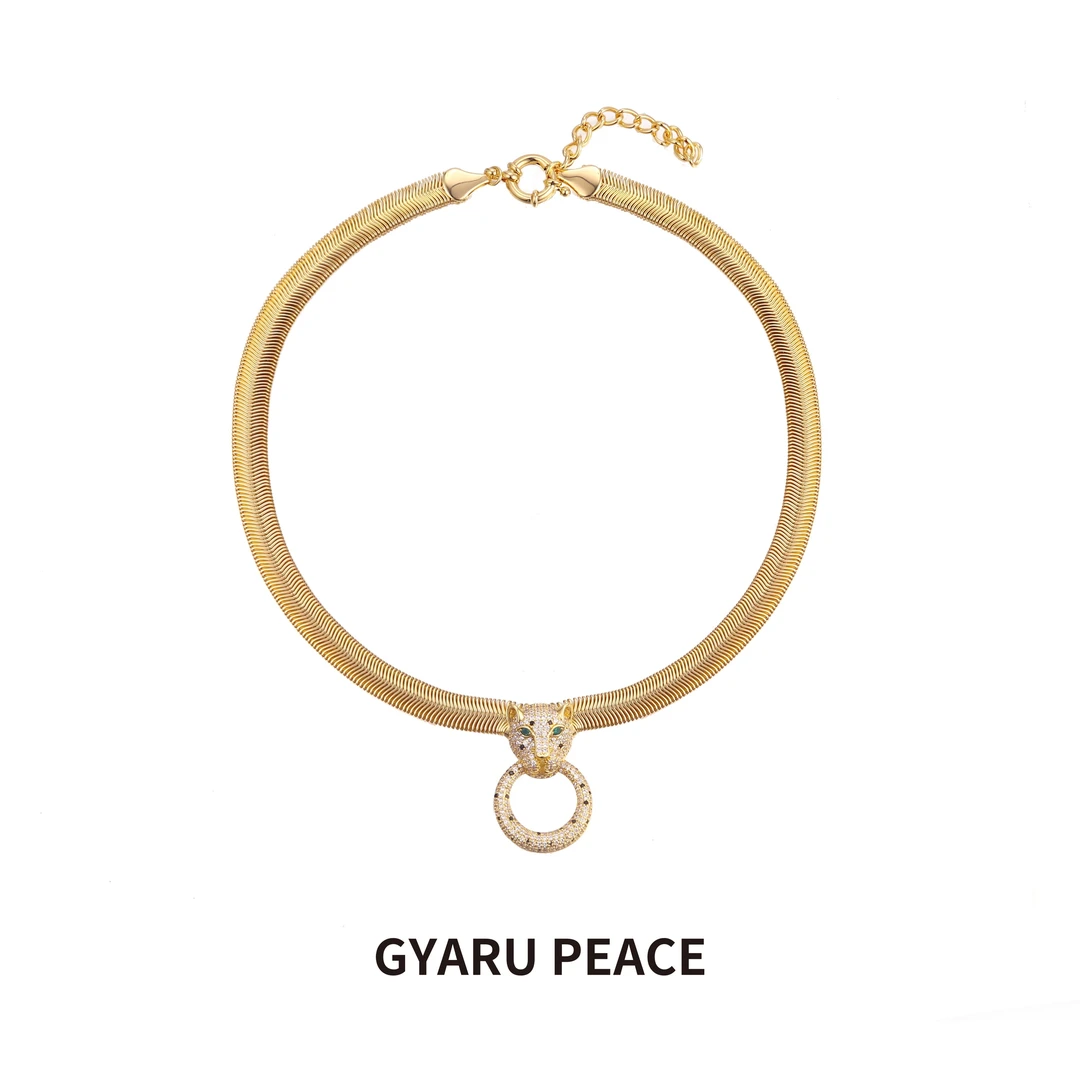 GYARU PEACE 铜合金合成锆石项链 Vintage西洋古董美洲豹项链金色