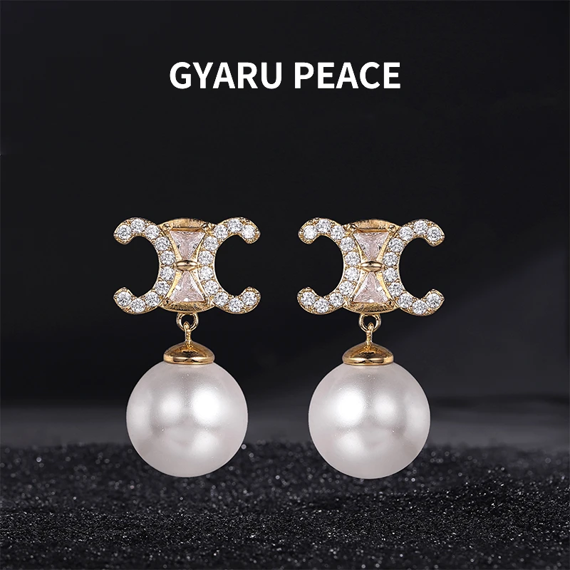 GYARU PEACE 铜合金合成锆石耳饰 法式复古凯旋门珠饰耳环气质