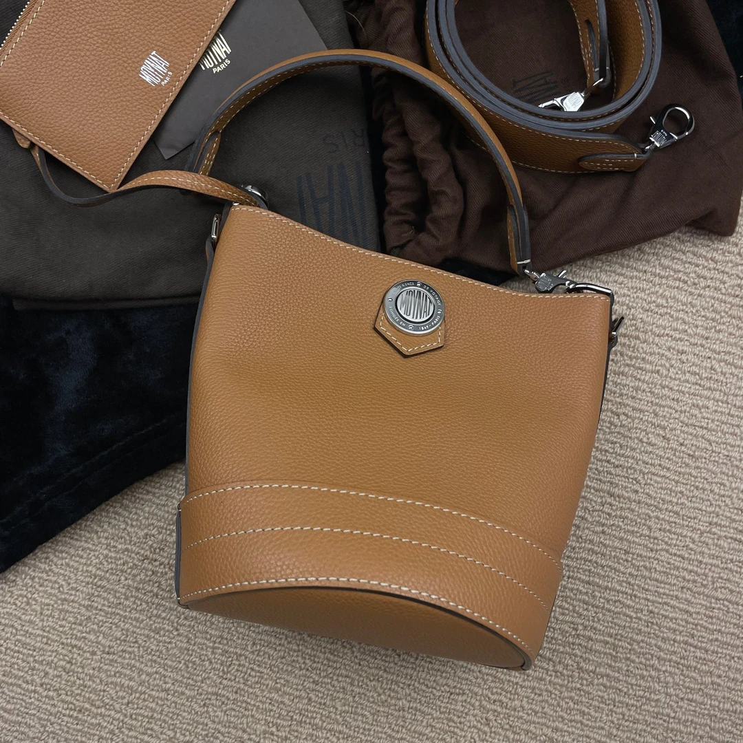 95新 MOYNAT/摩奈 AW/焦糖色荔枝面水桶包女士手提单肩包667602