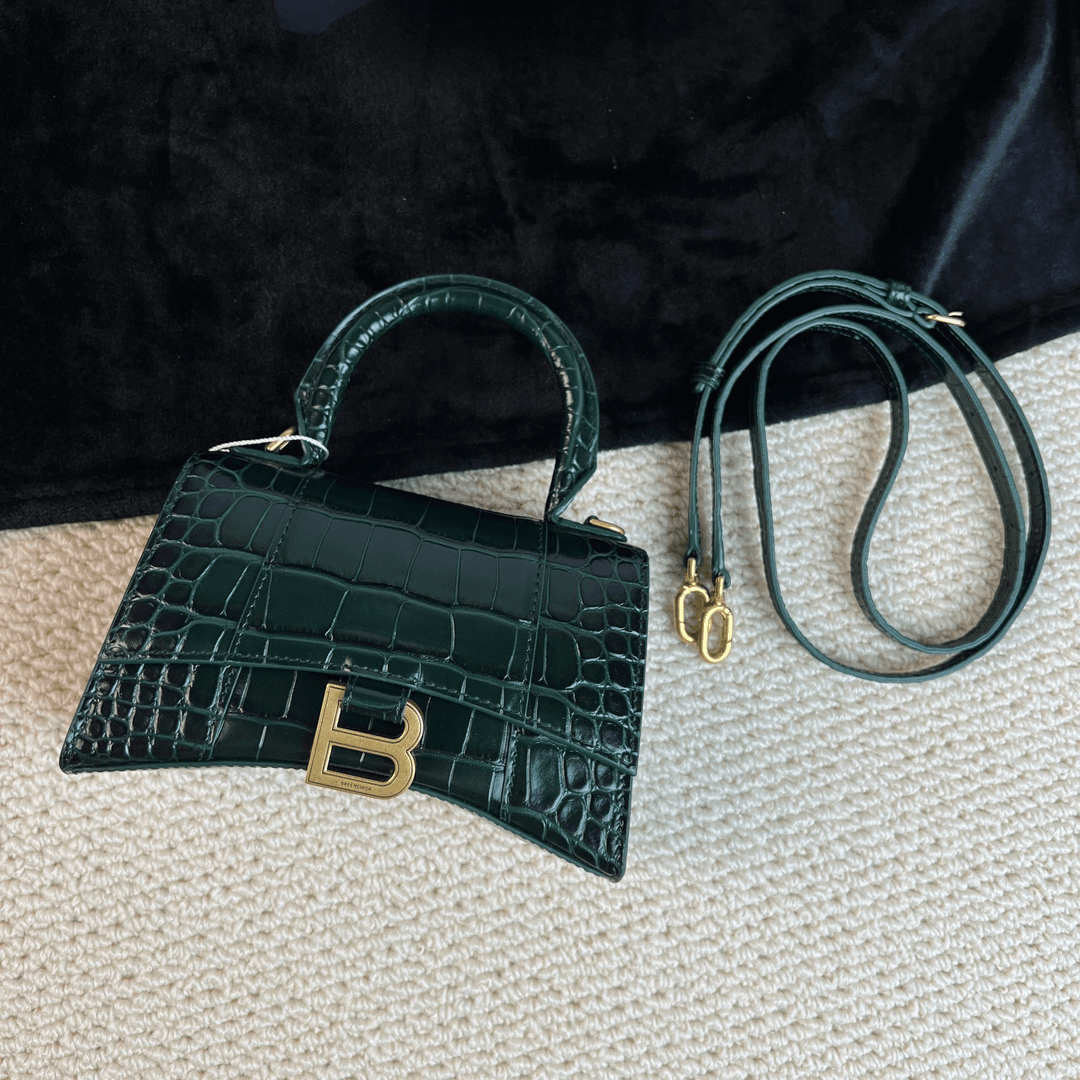 95新 Balenciaga/巴黎世家 AW/ 祖母绿鳄压纹XS沙漏667384