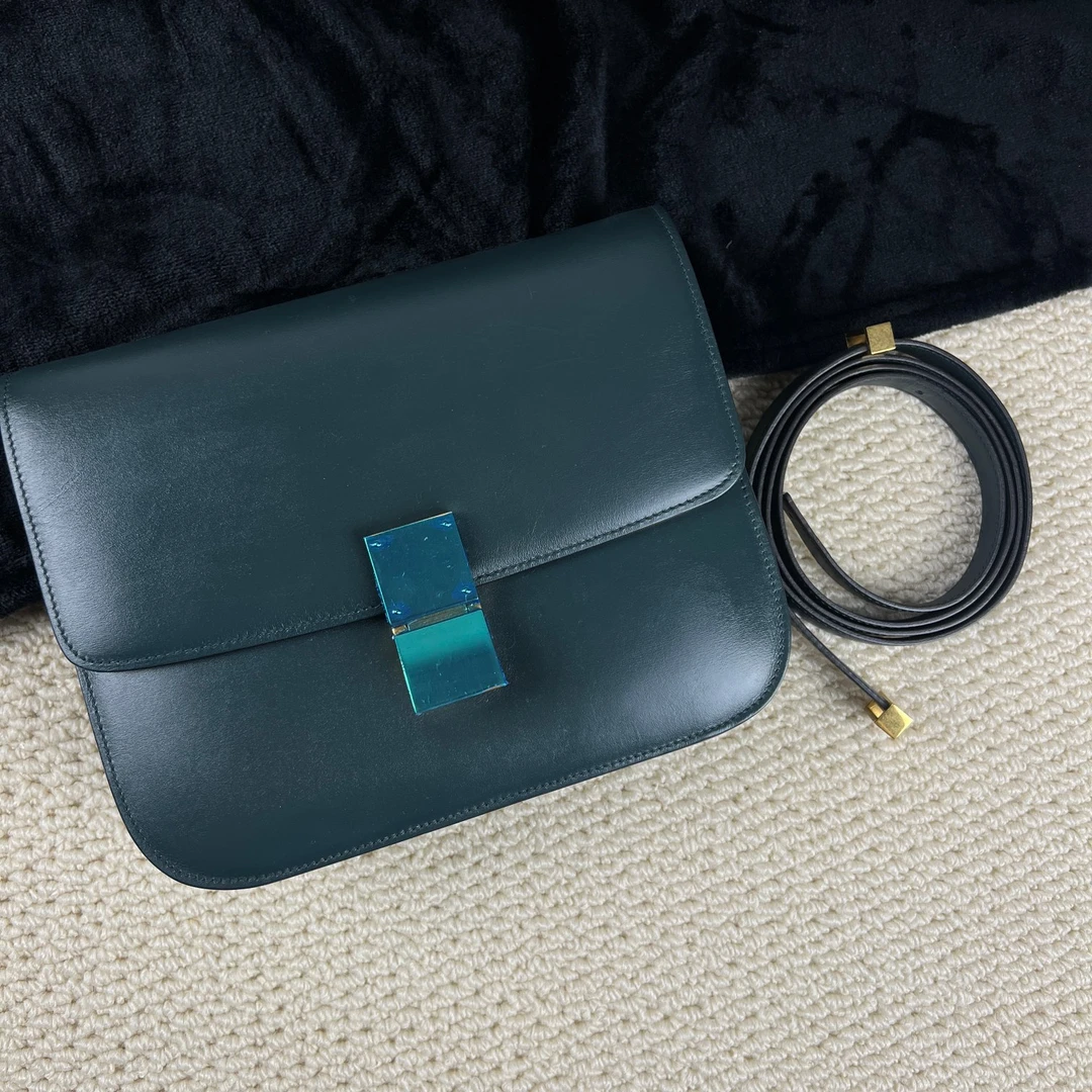 95新 Celine/思琳 【文子姐专属】W008/墨绿色中号BOX斜挎包881405
