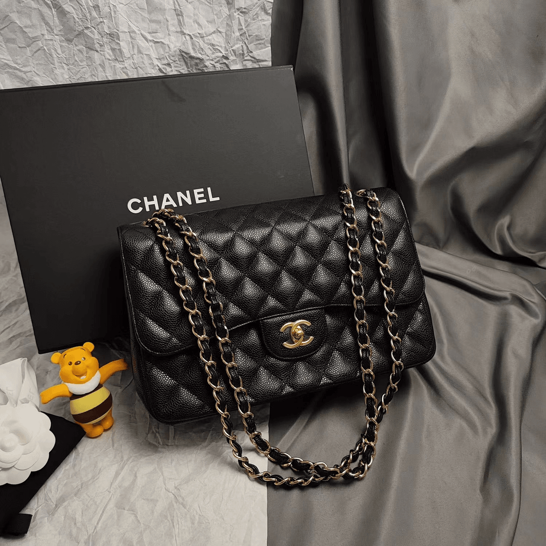 95新 Chanel/香奈儿 黑金鱼子酱jumbo经典菱格纹