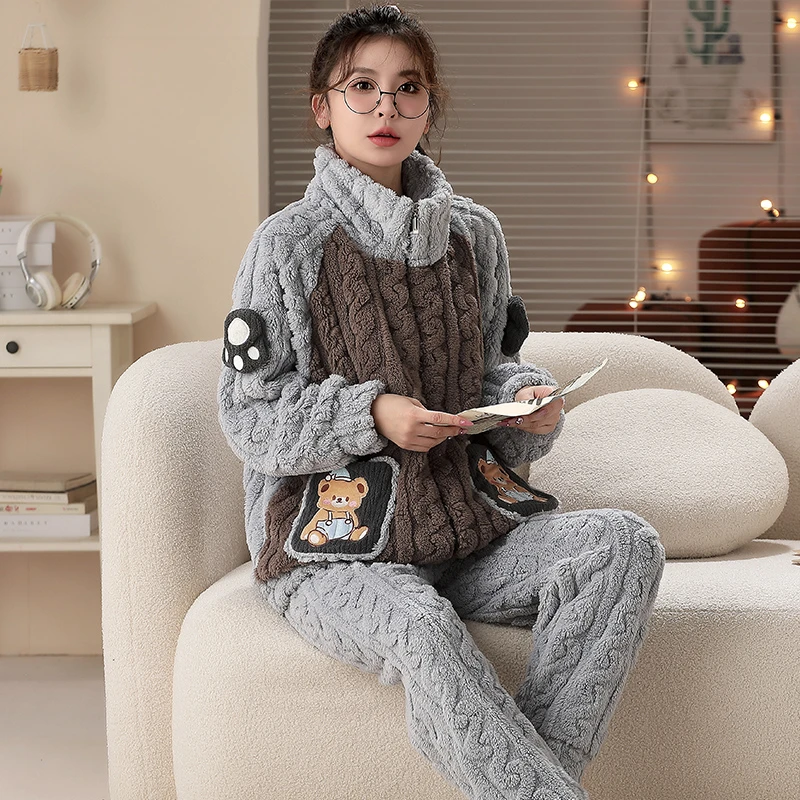 睡衣女秋冬季珊瑚绒加厚加绒卡通拉链款冬天女士法兰绒家居服套装